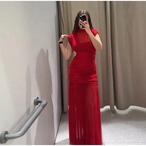 Elegant Mesh Patchwork Pleated Long Skirt Dress for Women Slim Evening Party Maxi Dress